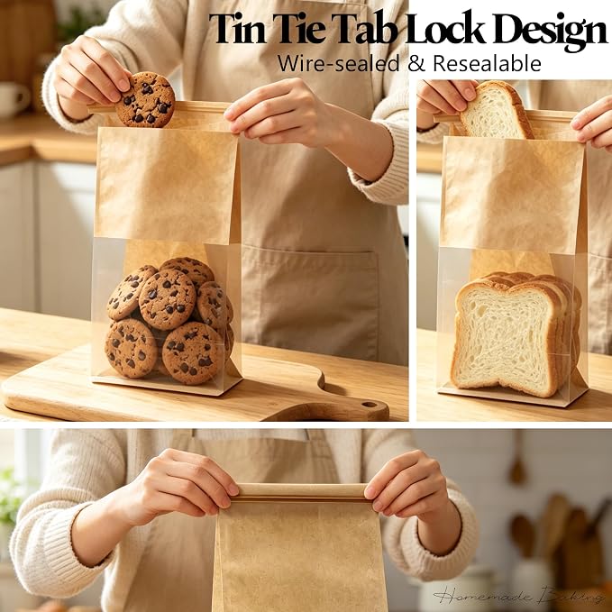 Cookie Bakery Bags with Window Small Bread Baked Goods Packaging Tin Tie Tab Closure for Candies, Treats, Snack - Brown Kraft Paper 45 Pcs 11x5.1x3.9 Inch - Image 5