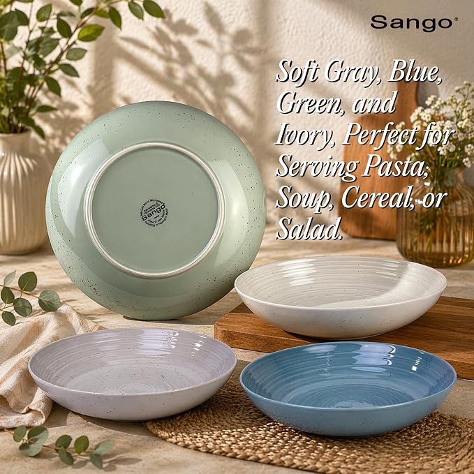 Sango Siterra Artist's Blend Stoneware Pasta Bowls (Set of 4) Multi Assorted Colors– Featuring Soft Gray, Blue, Green, and Ivory, for Everyday Dining & Entertainment, Microwave & Dishwasher Safe - Image 8