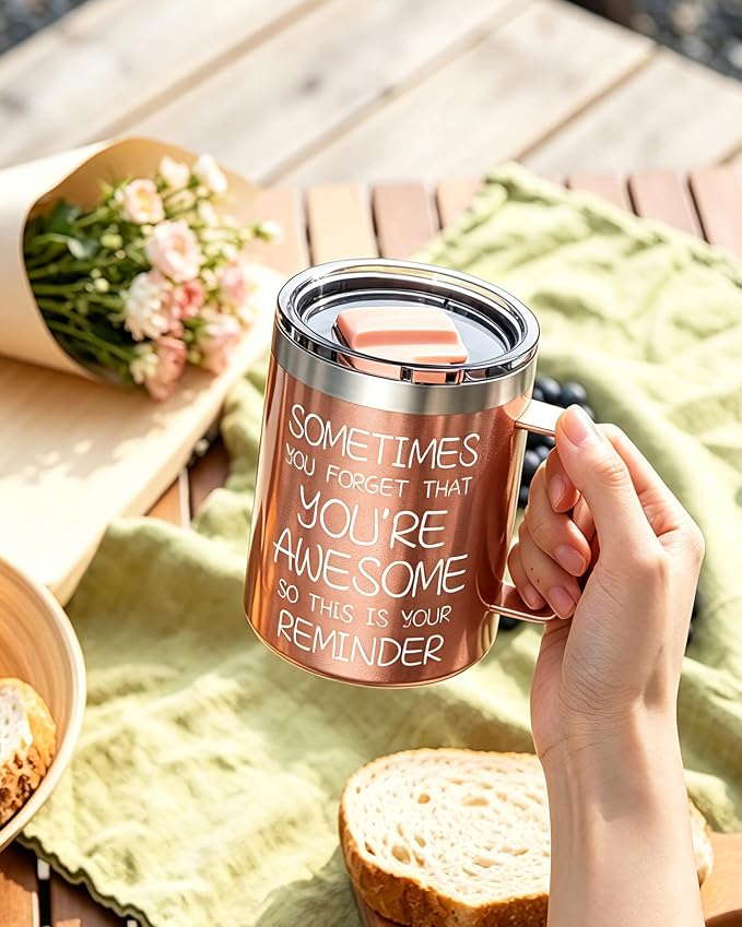 Inspirational Coffee Mug for Women, 12oz Insulated Stainless Steel Mug with Handle & 2 Lids – Sometimes You Forget You’re Awesome, Birthday & Appreciation Gift for Mom, Friend, Rose Gold - Image 9