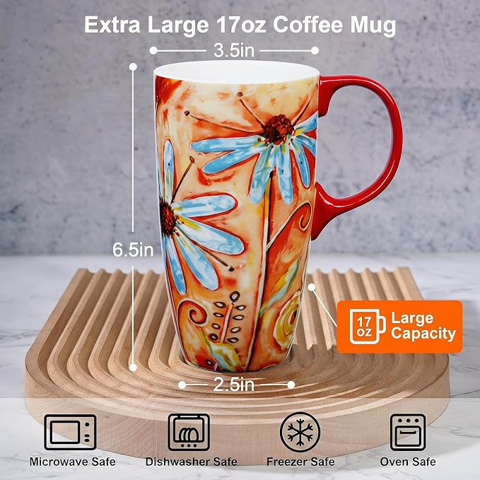 Topadorn Set of 2 Ceramic Travel Mugs with Lid, 17oz Ceramic Coffee Mug | Colorful Folk Art Floral & Bird Design, Microwave & Dishwasher Safe, Gift Boxes Included - Image 3