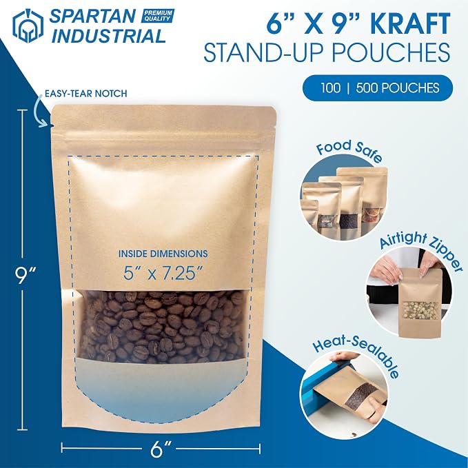 6" X 9" Kraft Zip Top Food Storage Bags - Pack of 100 | Smell-Proof Resealable Pouches for Packaging Coffee, Tea, Spices, Snacks, and More - Spartan Industrial - Image 2