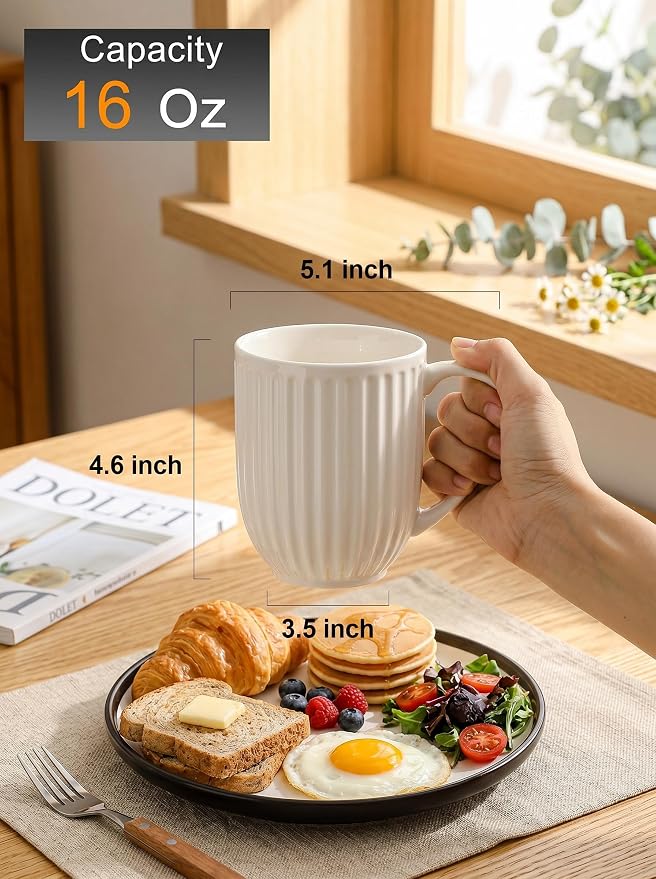HASENSE Textured Large Coffee Mugs Set of 4, 16 Oz Ribbed Ceramic Cups with Large Handle for Latte Tea Cappuccino, Stackable Embossed Mug Set for Mom Dad, Microwave Dishwasher Safe, Creamy White - Image 2