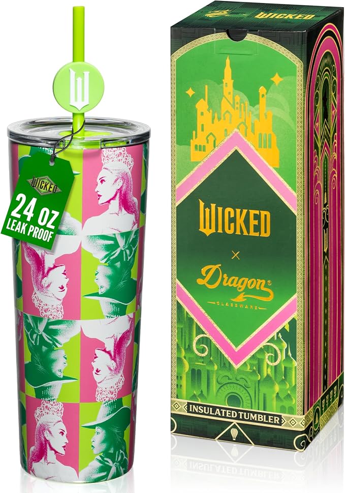 Dragon Glassware x Wicked Stainless Steel Tumbler, 24 oz - Portraits | Vacuum Insulated Wicked Cup with Lid & Straw For Water & Iced Tea; With Straw Charm; Official Wicked Merch by DragonGlassware