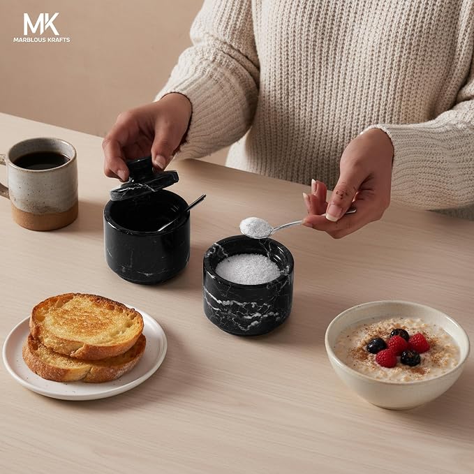 MARBLOUS KRAFTS Marble Salt Cellar Set of 2 with Spoon and Lid, 3 Inch Black Zebra Handcrafted Stone Salt Container for Kitchen Countertop, Seasoning Jar, Salt Dish, Fleur de Sel Holder, Gift Set - Image 4