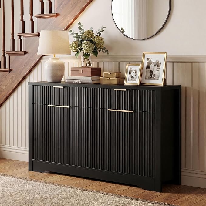 Cyclysio 55" Fluted Buffet Cabinet with Drawers, Modern Sideboard Credenza with Adjustable Shelves, Coffee Bar Table with Storage for Dining Room, Entryway, Kitchen, Black - Image 2
