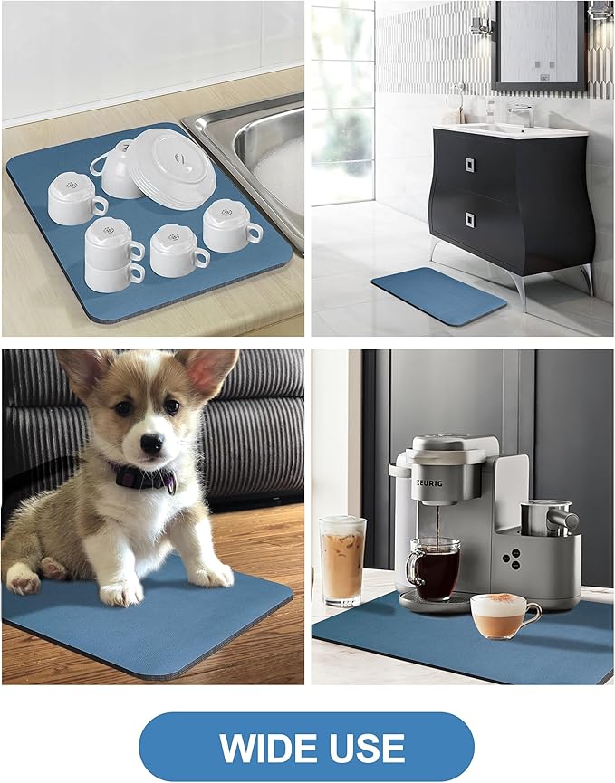 Dish Drying Mat for Kitchen Counter, 16"x24" Pad with Rubber Backed (Blue) | Hide Stain Anti Absorbent for Kitchen Counter, Non-slip Drying Mat for Coffee Machine Dish Rack - Image 6