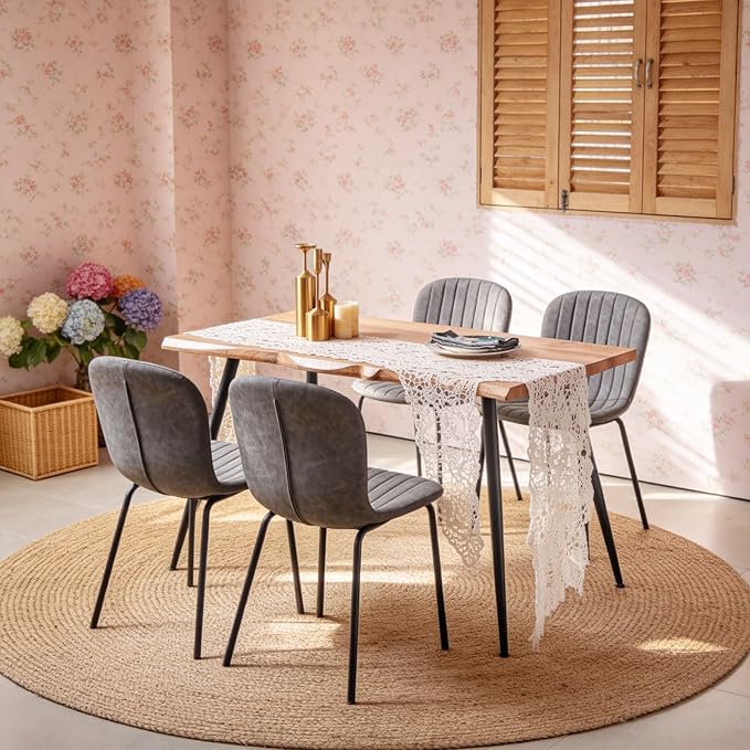Rectangle Dining Table Set for 4 with Grey PU Leather Chairs | 5-Piece Mid-Century Modern Set, Irregular MDF Table, Wood Grain, Space-Saving for Small Spaces, Dining Rooms, Easy Clean by SQPFTW