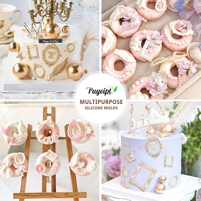 4 Pcs Photo Frame Silicone Molds, Baroque Style Picture Photo Frames and Mirrors Fondant Molds for Cupcake Topper, Chocolate, Candy, Donut Cake Puck Decoration and Clay Craft Making