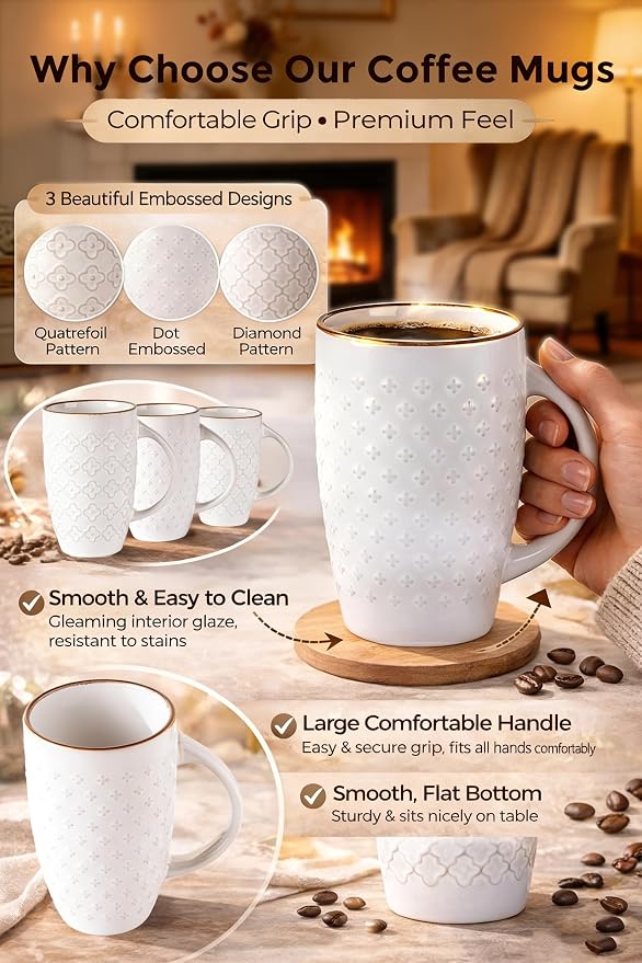 AmorArc Large Coffee Mugs Set of 6, 20oz Tall Coffee Mugs Set | with Texture Patterns for Cappuccino, Latte,Hot Cocoa, Dishwasher & Microwave Safe-Off White - Image 3