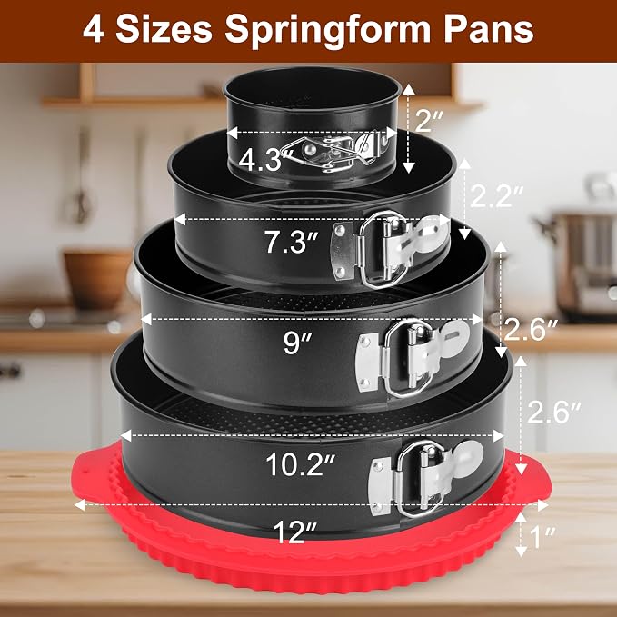 Springform Pan Set of 4, 4/7/9/10inch Cake Pans with Leakproof Silicone Protector, Non-Stick Leak-Proof with Removable Bottom, Cheesecake Pan for Baking, Black - Image 2