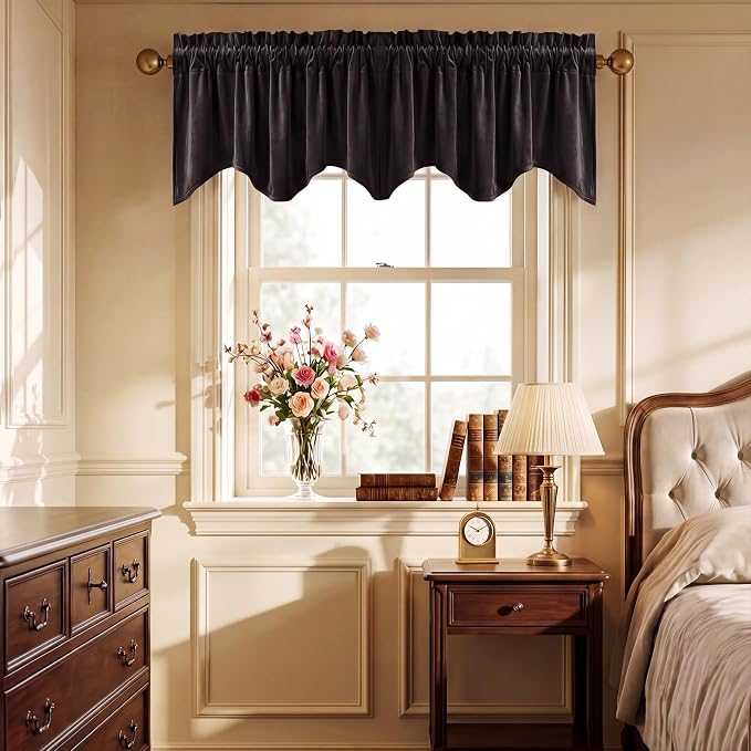 Black Scalloped Valance 52x18 Inch 1 Panel | Heavy Velvet Wavy Blackout Valance for Kitchen, Room Darkening Short Window Curtains for Basement, Living Room by StangH