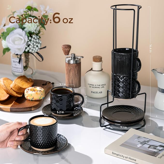 GBhome 6 OZ Stackable Coffee Mugs Set of 4, Ceramic Espresso Coffee Cups | Coffe Cups With Saucer and Stand, Dishwasher&Microwave Safe, 4 Assorted Designs - Image 2