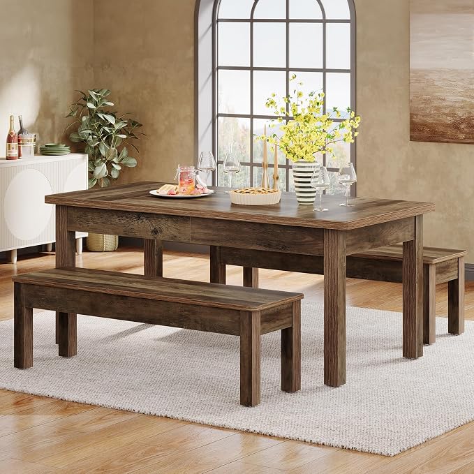 Tribesigns Farmhouse Kitchen Table Set for 4-6, 55-Inch Wooden Dining Table with 2 Benches, Space Saving 3 Pieces Heavy Duty Dinette for Dining Room, Kitchen, Small Space (Wood Hemp) - Image 4
