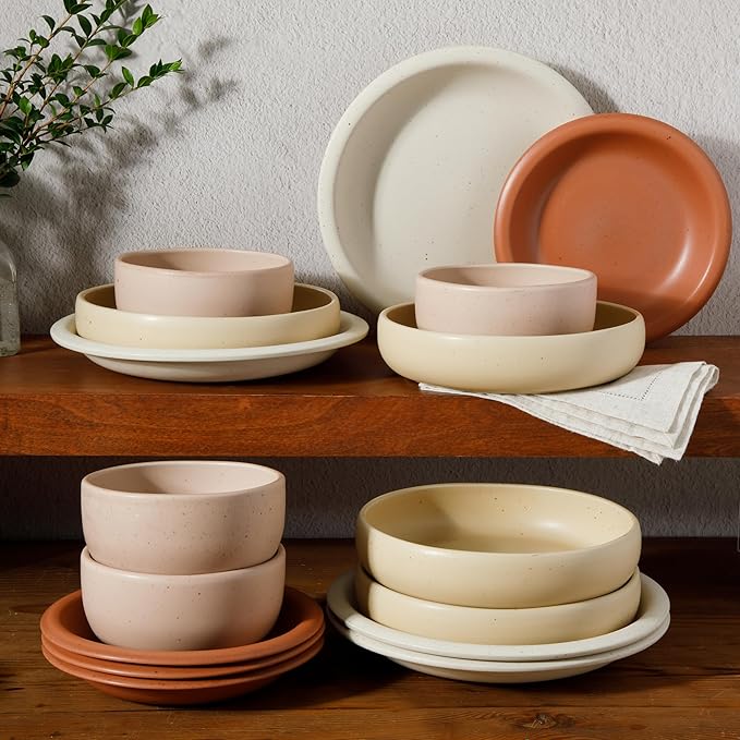 Bloomhouse Corsica Clay Dinnerware Set - Stackable Colorful Boho Reactive Glaze Plates and Bowls Set -2 Time Oprah's Favorite Things Brand- 16 Piece (Service for 4)- Matte Assorted Pottery Colors - Image 5