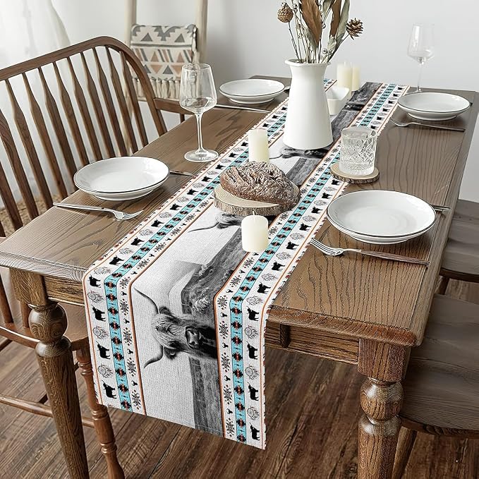 jejeloiu Highland Cow Home Decor for Living Room Dresser Scarfs Dresser Runners Western Table Runner Boho Western Seasonal Vintage Exotic Table Decoration for Kitchen Dinning 13" x 108" by jejeloiu