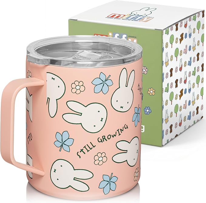 Dragon Glassware | Miffy Stainless Steel Camp Mug with Lid, 12 oz - Pink | Nijntje Insulated Camping Mug For Coffee, Tea, Matcha & Hot Beverages; Miffy Mug with Lid by DragonGlassware