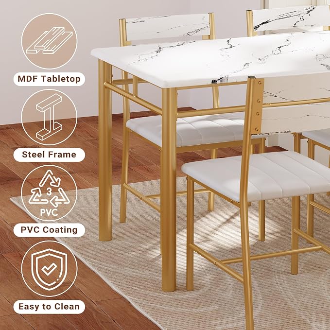 IRONCK Dining Table Set for 4, White & Gold | Wood Kitchen Table with Upholstered Chairs for Kitchen Room and Small Spaces - Image 7