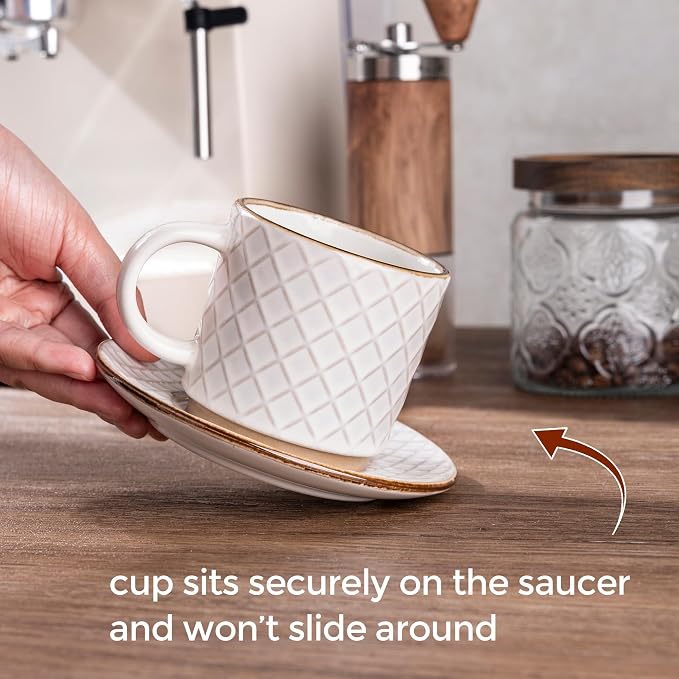 GBhome 6 OZ Stackable Coffee Mugs Set of 4, Ceramic Espresso Coffee Cups | Coffe Cups With Saucer and Stand, Dishwasher&Microwave Safe, 4 Assorted Designs - Image 4