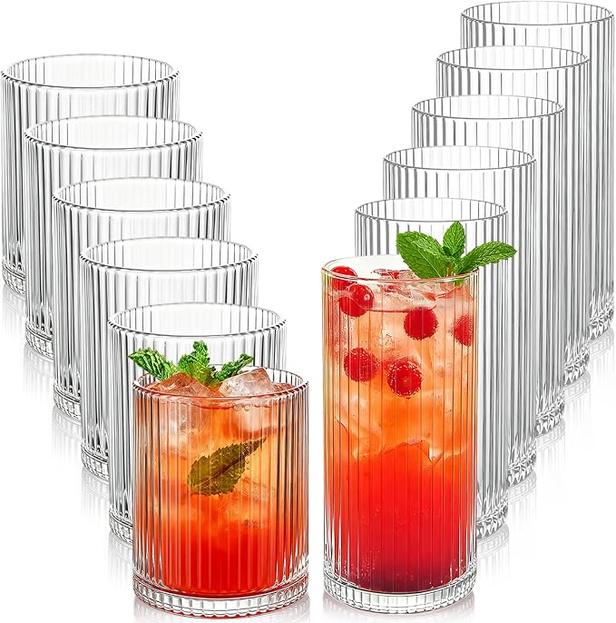 Ribbed Drinking Glasses 12pcs, 12oz and 10oz Glassware, Tumbler Glasses Cup Set for Wedding, Party, Christmas Gift, Clear by Lumkit