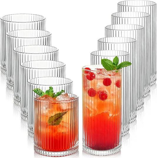 Ribbed Drinking Glasses 12pcs, 12oz and 10oz Glassware, Tumbler Glasses Cup Set for Wedding, Party, Christmas Gift, Clear by Lumkit