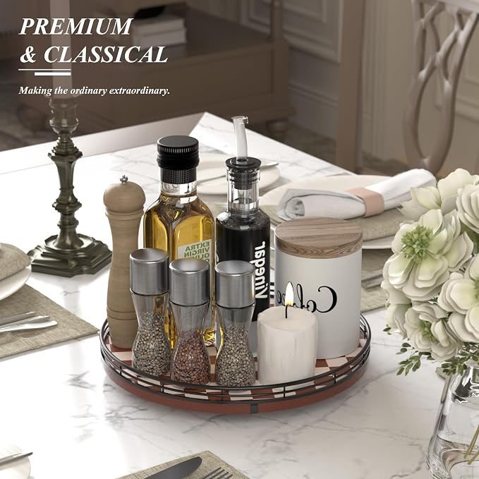 AMH 12-Inch Brown Checkerboard Lazy Susan with Black Metal Rail | Smooth rotating oak tray with walnut finish for dining tables, kitchen counters, pantries and cabinet storage. - Image 4
