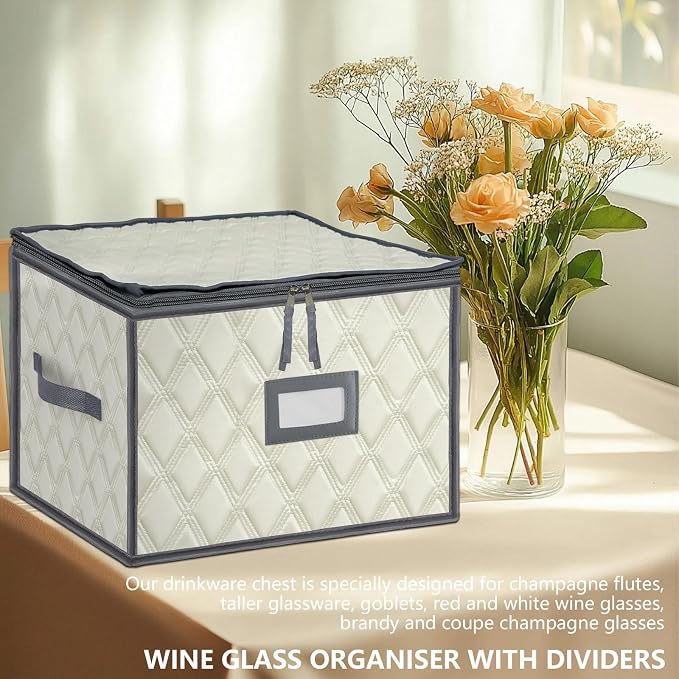 Christmas Stemware Storage Cases with Dividers- Holds 12 Wine Glass Storage or Crystal Glassware Containers, China Storage Containers with 2 Handles and Label Window -Set of 1 Beige - Image 6