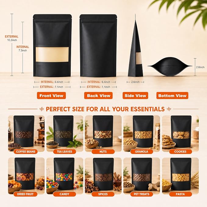 100 Pcs Black Kraft Paper Bags with Window, 7.1" x 10.2" Stand Up Pouches Bags, Food Storage Bags for Packaging Products, Reusable, Sealable - Image 3