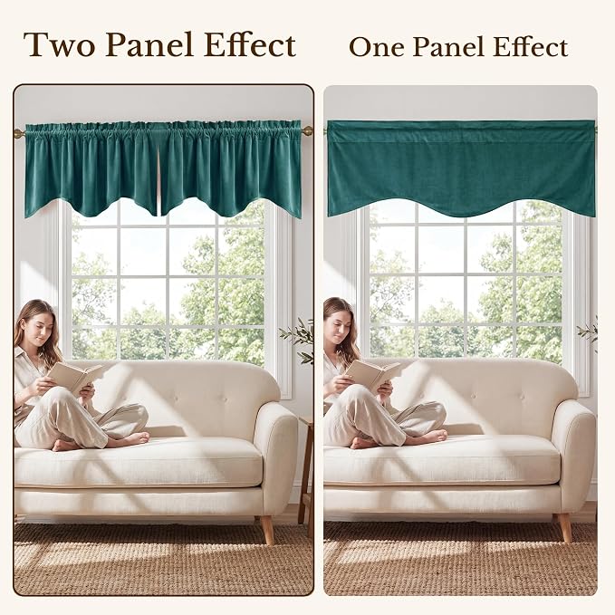 Teal Valance for Windows Scalloped 52x18 Inch 1 Panel | Soft Velvet Wavy Small Kitchen Curtains, Elegant Privacy Shielding Window Treatment for Bathroom, Laundry, RV - Image 7