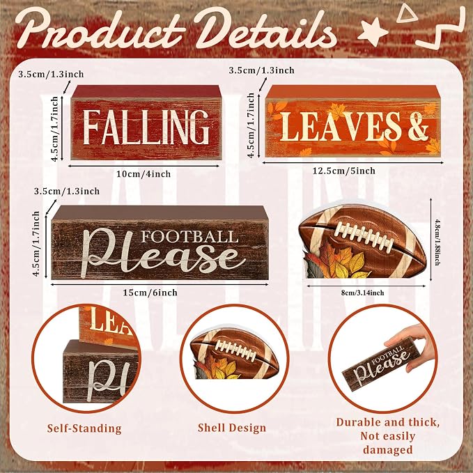 Moucuny 4 Pcs Fall Football Table Decorations for Home Fall Tiered Tray Decor Falling Leaves & Football Please Centerpieces with Footballs Topper, Rustic Thanksgiving Decor for Home, Game Day Party - Image 3