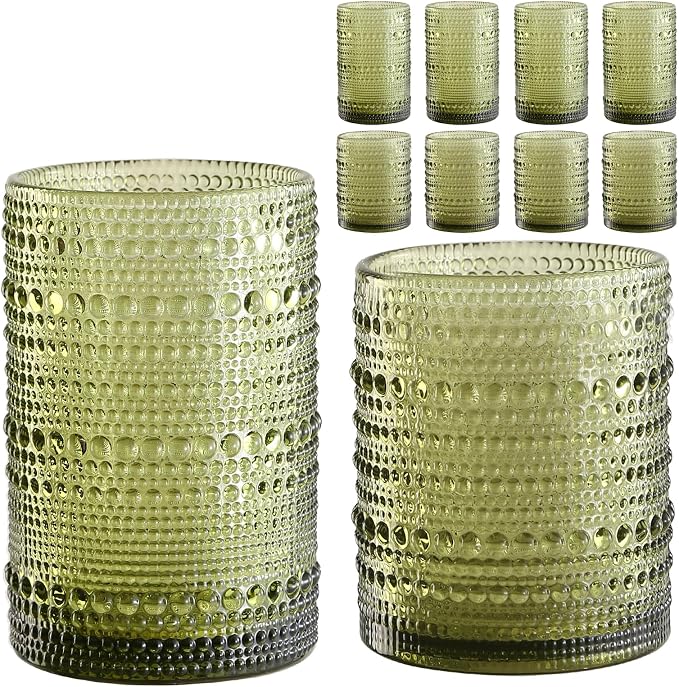ZMOWIPDL 12oz & 15oz Hobnail Drinking Glasses,Green Glass Cups Set of 8 | Vintage Highball Glassware，Kitchen Drinkware，Embossed Water Tumbler,for Beer,Cocktail,Whiskey,Juice,Various Mixed Drinks by ZMOWIPDL