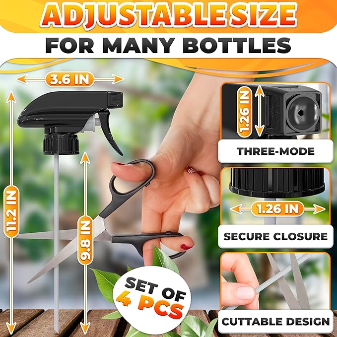4 Pcs Spray Nozzle for Bottles - Spray Bottle Tops Replacement, Durable Plastic, Adjustable Length, 2 Spray Modes, Fits 8 Oz and 16 Oz Bottles, Good Sealable Fit for Home and Garden Use