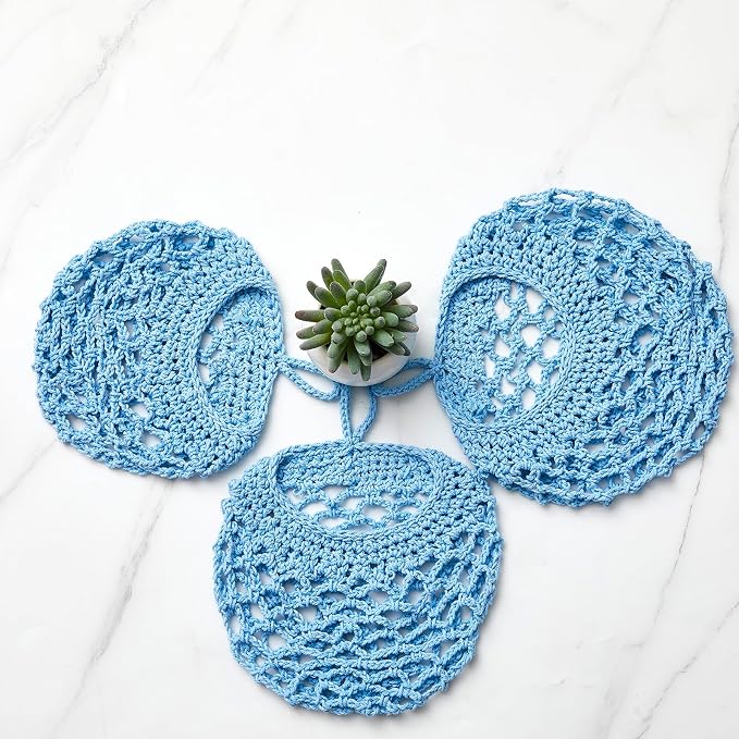 Honeydak Boho Decor Hanging Wall Baskets for Kitchen 3 Pack Teardrop Baskets with Hooks Storage Fruit Onion Vegetable Potato for Home(Light Blue,Crochet,Cotton Rope) - Image 7