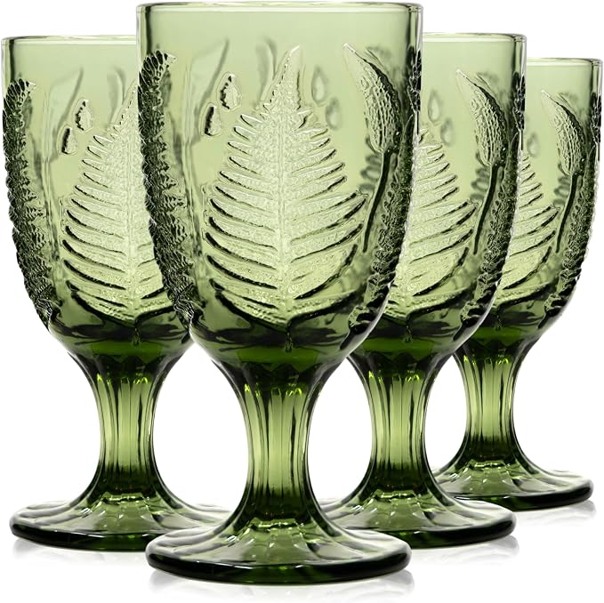 Green Glass Goblets Set of 4, Colored Wine Glasses, Vintage Fern Glassware | Hand-Pressed, Dishwasher Safe, Boho Leaf-Textured Drinkware, Embossed Stemware for Water, Cocktails, Retro Style Kitchen Gift by QELVIO