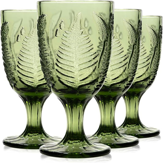 Green Glass Goblets Set of 4, Colored Wine Glasses, Vintage Fern Glassware | Hand-Pressed, Dishwasher Safe, Boho Leaf-Textured Drinkware, Embossed Stemware for Water, Cocktails, Retro Style Kitchen Gift by QELVIO