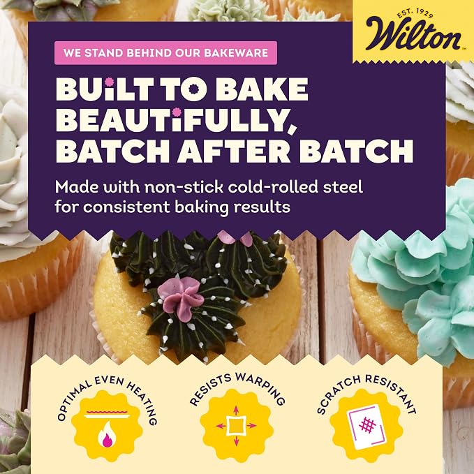 Wilton Gold Non-Stick Muffin Pan, Made Without PFAS, 12-Cup | Non-Stick Steel with Scratch-Resistant Coating, Resists Warping, Extended Handles, Dishwasher Safe, Perfect for Cupcakes - Image 7