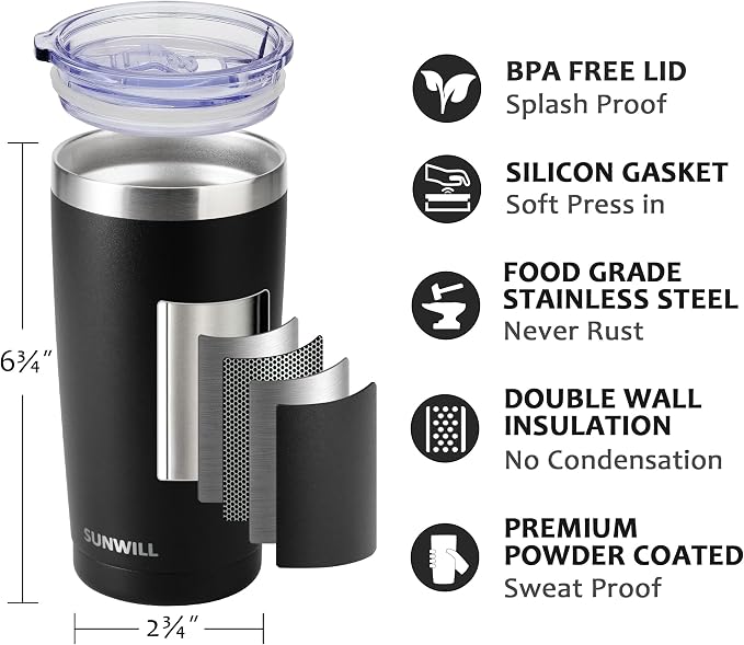 SUNWILL Travel Coffee Mug with Lid, 20 oz Tumbler Set of 2, Insulated Stainless Steel Cup for Water, Tea, Ice, Powder Coated Black 2 pack - Image 2