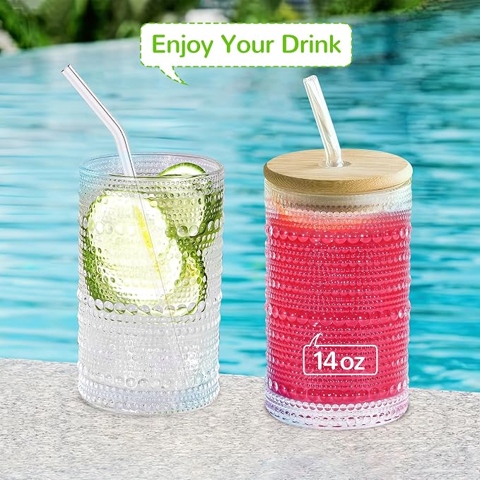 Hobnail Drinking Glasses with Bamboo Lids and Glass Straw 4Pcs Set - 14oz Vintage Glass Cups, Water Glasses, Iced Coffee Glasses, Cute Tumbler Cup, Ideal for Cocktail, Whiskey, Gift - Cleaning Brushes - Image 6