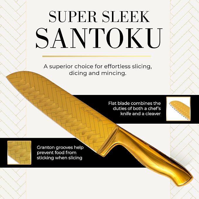 Styled Settings Gold Knife Set with Block and Sharpener, 14-Piece | Stainless Steel, Titanium Gold Knives with Pattern and Knife Block with Built-in Sharpener, Durable, Gold Kitchen Accessories - Image 7