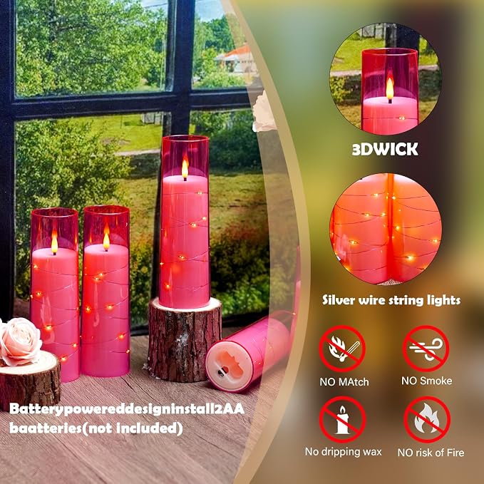 Flameless Candles,with Embedded Star String, Battery Operated Candles Flickering LED Pillar Candles with Remote Control and Timer, Home Decoration Add a Warm and Romantic Atmosphere，Set of 7 (Pink) - Image 3