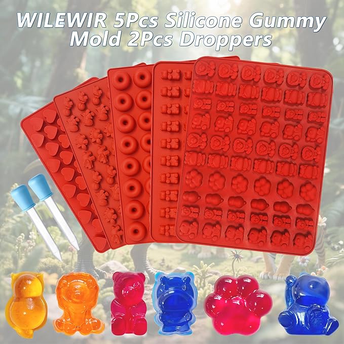 Gummy Bear Mold Silicone for Gummies Candy,5Pcs Safari Jungle Theme Gummy and Chocolate Molds Silicone for Kids Including Mini Bear, Dinosaur, Lion, Tiger, Cat, Rhinoceros, Groundhog, Hearts