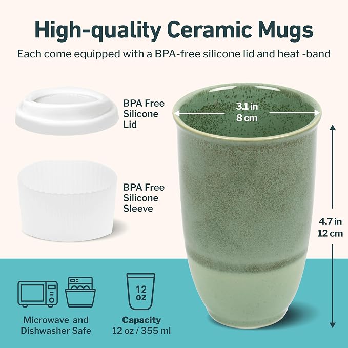 NOVA CERAMICS Travel Mug – Travel Coffee Tumbler – On the Go Coffee Mug – Microwave & Dishwasher Safe Green CoffeeTumbler - Gifts for Women Men Him Her – 12oz – Emerald - Image 3