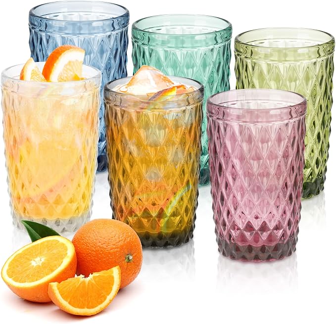 Topsky Highball Drinking Glasses Set of 6,12 oz Colored Glassware with Geometric Diamond Pattern,Embossed Diamond Tumblers,Blue Vintage Glassware Set for Beer,Juice,Cocktail by HomeandKitchenNO1