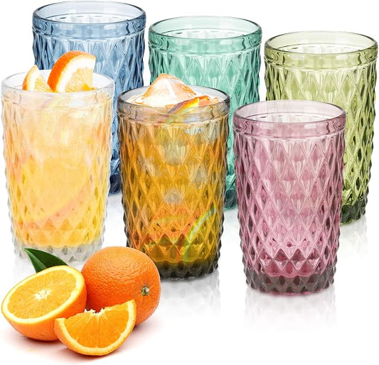 Topsky Highball Drinking Glasses Set of 6,12 oz Colored Glassware with Geometric Diamond Pattern,Embossed Diamond Tumblers,Blue Vintage Glassware Set for Beer,Juice,Cocktail by HomeandKitchenNO1