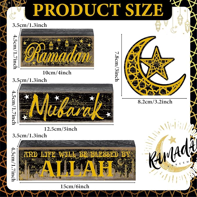 Moucuny 4 Pcs Ramadan Mubarak Table Decor Wooden Eid Mubarak Tabletop Signs for Home Black and Gold Muslim Islam Ramadan Mubarak Centerpiece for Islamic Gifts Kareem Home Table Decor - Image 3