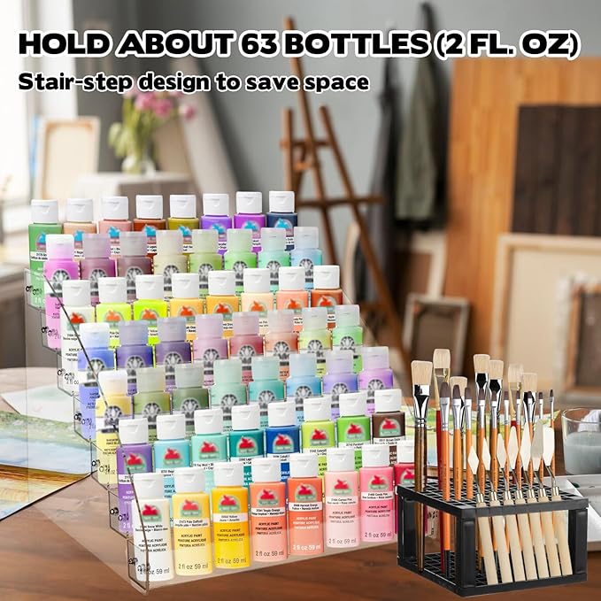 2 Pack 7 Tiers Clear Acrylic Paint Organizer with Brush Holder,paint Organizers Set Miniature Paints Holders, 7 Layers Paints Storage Rack, Craft Paint Rack