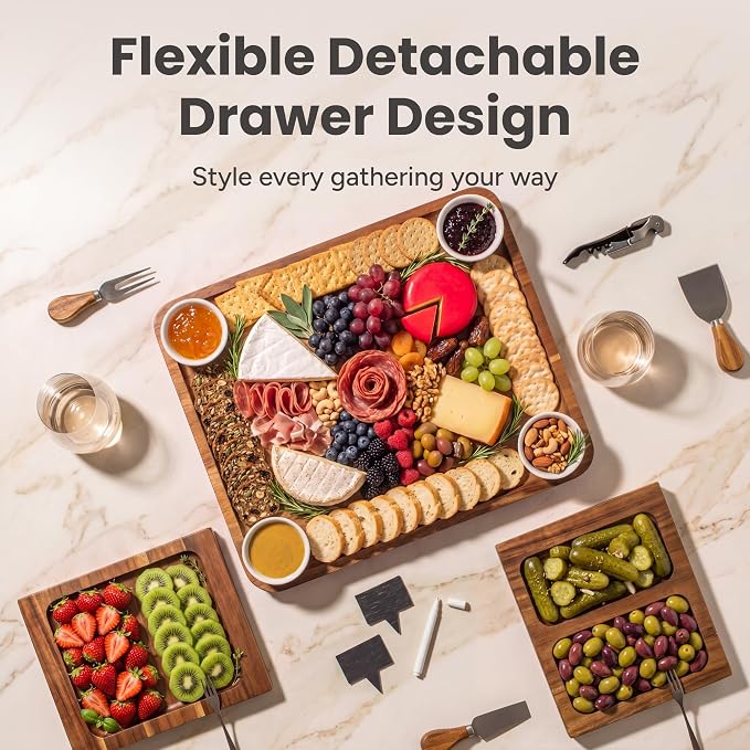 SMIRLY Charcuterie Boards Set, Large Cheese Board Set, Acacia | House Warming Gift, Wedding Gift for Couple, Bridal Shower Gift, Cheese Board Gift Set, Detachable Drawer Design, 3-Drawer - Image 4