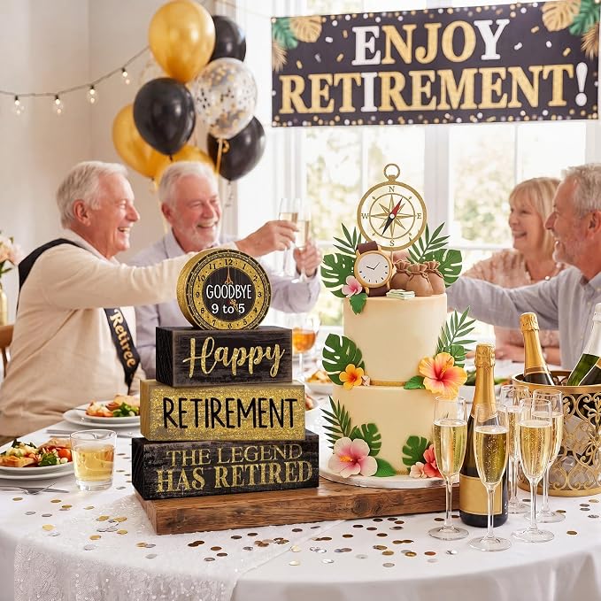 Moucuny 4 Pcs Retirement Party Decorations Happy Retirement Table Decor Black and Gold Goodbye Centerpieces for Tables Decorative Clock Block Signs Gift for Retired Party Supplies Men and Women - Image 6