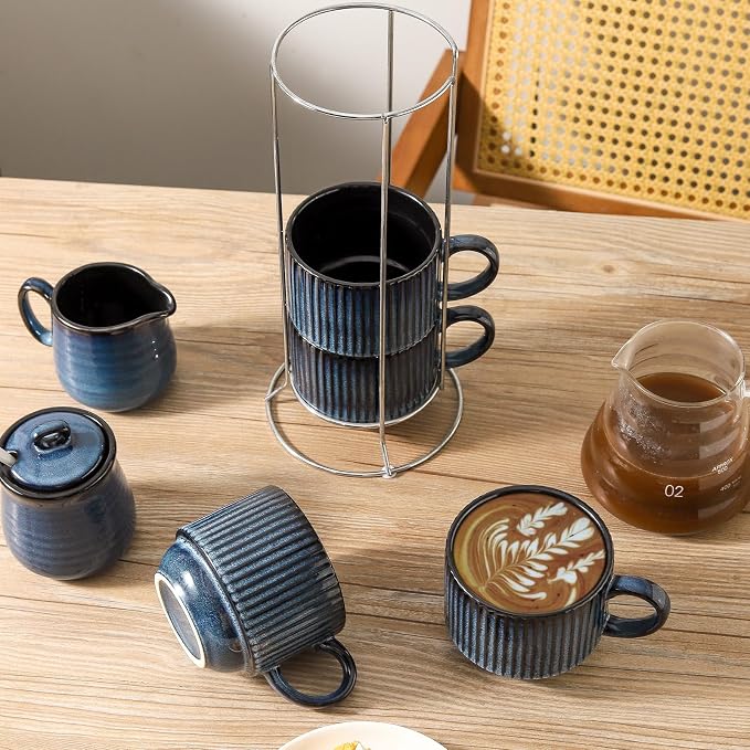 glowworm Coffee Mugs Set of 4, 15 Oz Stackable Coffee Mugs with Rack, Ceramic Cups for Home, Office, Housewarming & Engagement Gifts, Microwave & Dishwasher Safe, Navy Blue - Image 3