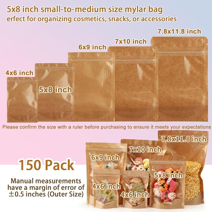 150-Pack Kraft Paper Bags with Clear Window 5x8 Reclosable Small Stand Up Mylar Bags for Food Storage Resealable Smell Proof Pouch, Edible Packaging, Reusable bags for Small Business - Image 4