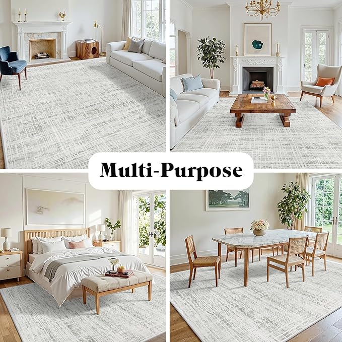 8x10 Washable Area Rug for Living Room Bedroom: Non-Slip Modern White Gray | Machine Washable TPR Backing, Stain-Resistant Low Pile, Pet & Kid Friendly, Abstract Decor for Dining Room, Dorm, Home Office - Image 3